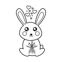 Vector coloring black and white cute rabbit with mistletoe and hearts