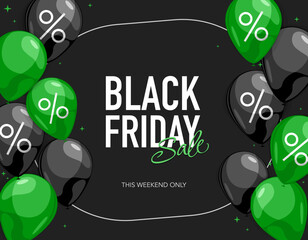 Black Friday Sale Horizontal Banner with Green and Black Shiny Balloons in flat design. Confetti and Place for text.