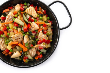 Chicken and vegetables isolated on white background. Copy space