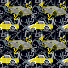 Abstract seamless cars pattern for boy on background. Childish style wheel auto repeated backdrop