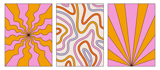 Set of retro backgrounds and posters. Abstract colorful backgrounds with outline. The style of the 70s.Distorted patterns and shapes.Vector illustration isolated on a white background.Graphic Template