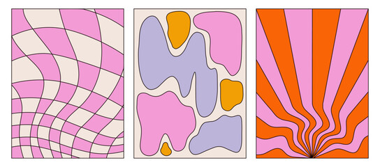 A set of retro backgrounds and posters. Abstract colorful backgrounds with outline. Checkered pattern, abstract distorted shapes. Vector illustration isolated on a white background. Graphic Template
