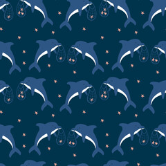 Cute cartoon dolphins with little starfish vector pattern on a dark blue background. Cartoon marine seamless pattern