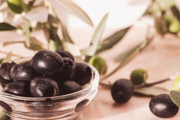 Close up of green olives on tree branches and olive oil in a glass bottle