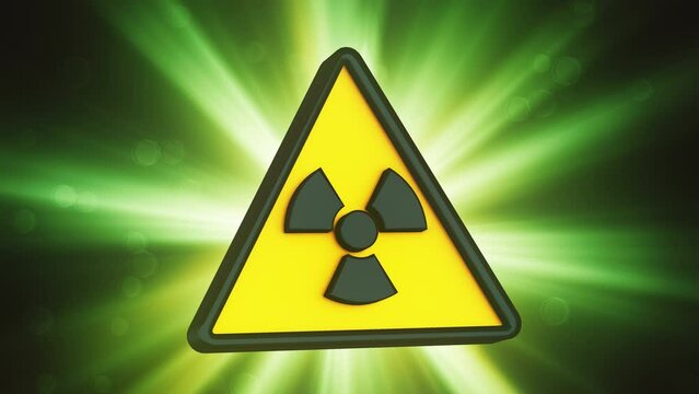 3D render animation of the radiation nuclear hazard symbol in a triangle on a green background depicting the danger of nuclear contamination.