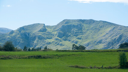 Fototapeta na wymiar Montaña verde tras pradera de hierba verde