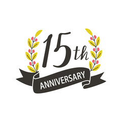 15th anniversary, logo design template with black ribbon and laurel wreath
