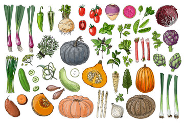 Food vector vegetables. Colored sketch of food products. Pumpkin, cucumber, eggplant, turnip, pumpkin, salad, beet