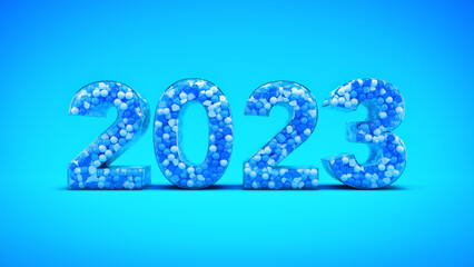 Number 2023 formed by small balls of different diameters and colors. Concept Happy New Year 2023.	
