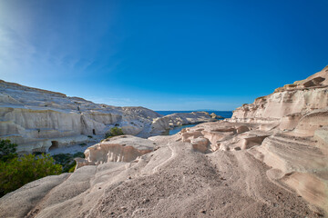 Famous white rocks of Sarakiniko beach, Aegean sea, Milos island