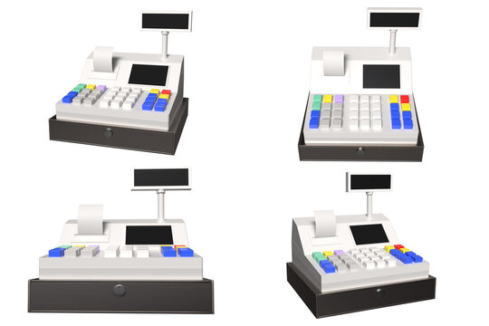 A set of several simple images of a cash register. Pictures for use as icons and design elements.