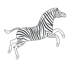 Vector flat hand drawn outline jumping zebra isolated on white background