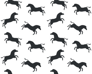Vector seamless pattern of flat hand drawn jumping zebra silhouette isolated on white background