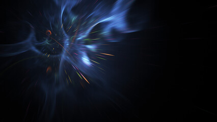 Abstract blue and golden glowing particles. Fantastic holiday background. Digital fractal art. 3d rendering.
