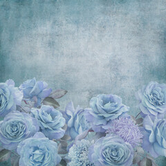 Vintage floral textured blue roses background. Scrapbooking paper.