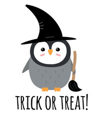 Vector flat hand drawn Halloween penguin with witch hat and broom and trick or treat lettering isolated on white background