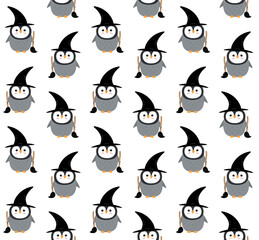 Vector seamless pattern of flat hand drawn Halloween penguin with witch hat and broom isolated on white background
