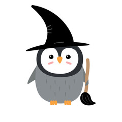 Vector flat hand drawn Halloween penguin with witch hat and broom isolated on white background