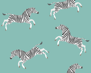 Vector seamless pattern of flat hand drawn jumping zebra isolated on mint background