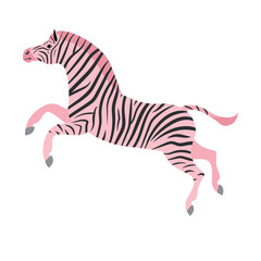 Vector flat hand drawn pink jumping zebra isolated on white background