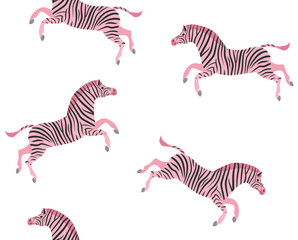 Vector seamless pattern of pink flat hand drawn jumping zebra isolated on white background
