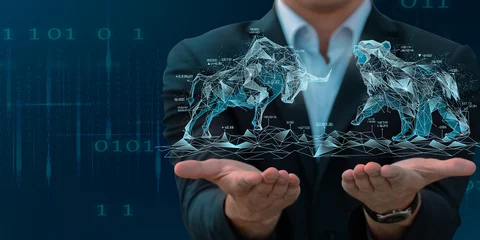 Zelfklevend Fotobehang The bull and bear struggle on the businessman hands, equity market illustration, investment, trading and business concept © Ingenious Buddy 