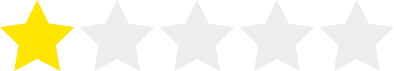 One yellow, four gray stars in a row, 0-5 rating, review system. Isolated png illustration, transparent background. Asset for overlay, pattern, montage, collage. Business, customer feedback concept.