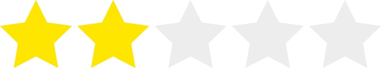 Two yellow, three gray stars in a row, 0-5 rating, review system. Isolated png illustration, transparent background. Asset for overlay, pattern, montage, collage. Business, customer feedback concept.