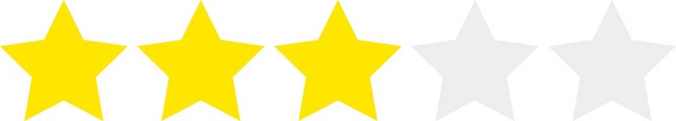 Three yellow, two gray stars in a row, 0-5 rating, review system. Isolated png illustration, transparent background. Asset for overlay, pattern, montage, collage. Business, customer feedback concept.