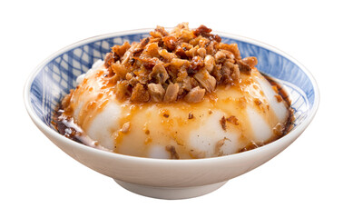 Taiwanese savory rice pudding Wa gui with chopped dried radish and soy sauce isolated on white background.