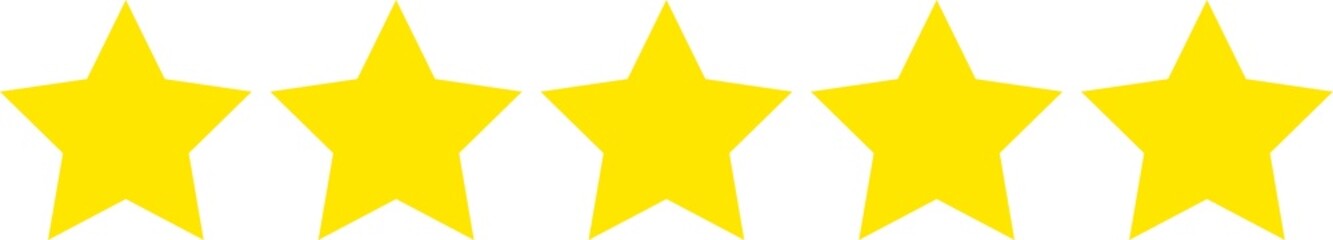Five yellow stars in a row, 0-5 rating, review system. Isolated png illustration, transparent background. Asset for overlay, pattern, montage, collage. Business, customer feedback concept.