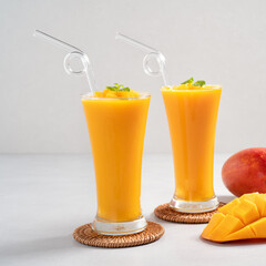 Fresh beautiful delicious mango juice smoothie in glass cup on gray table background.