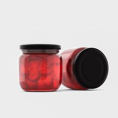 3d Render, template. Strawberry jam glass jar mock up. 3d illustration, package.