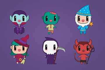 Cute halloween character doll collection cartoon hand drawn flat