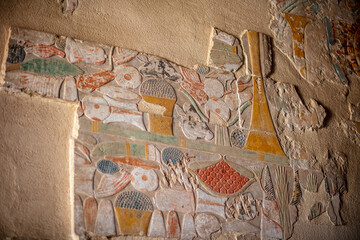 Beautiful mural, hieroglyphs inside the temple of Hatshepsut. Jeser-Jeseru is a masterpiece of...