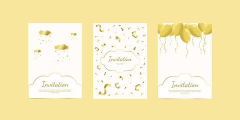 Set of invitations with gold elements. Invitations with clouds and stars, confetti, baloons. Eps 10