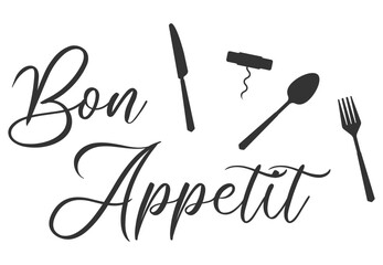 Fototapeta premium Bon appetit writing with fork and knife. Cutlery fork and spoon with plants. vector sketch. hand drawing isolated 