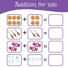 Mathematic worksheet for preschool children. Educational counting game with Halloween theme. This worksheet is suitable for educating the early age children on how to count well. Fun activity for kids