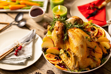 Overhead view of thanksgiving table with roast chicken and vegetables and autumn decoration on wood