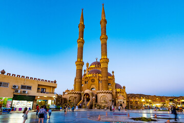 Beautiful Beautiful Al Mustafa Mosque in Old Town of Sharm El Sheikh in Egypt, at sunset - obrazy, fototapety, plakaty