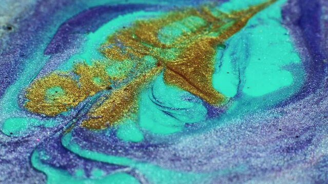 Abstract painting. Acrylic magic. Creative art. Cyan blue lavender gold fluid paint blend