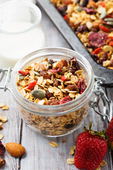 Homemade Gluten Free Oatmeal Granola for Healthy Breakfast on White Table.