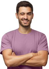 Handsome young man in t-shirt, with crossed arms smiling and winking, looking at camera