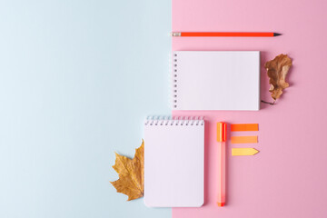 Empty white notebooks on a blue and pink background, an orange pencil and a marker