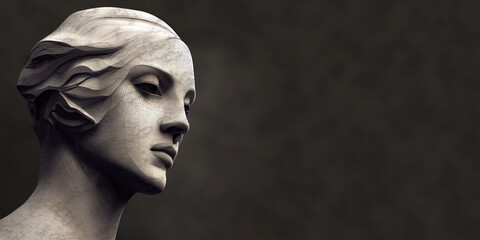 Greek marble sculpture. Illustration of a sculpture in the Hellenistic style with a woman's face. Close-up of a sculpted face.