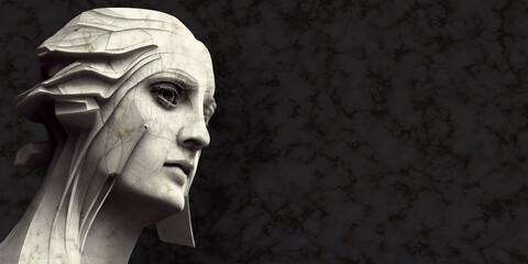 Greek marble sculpture. Illustration of a sculpture in the Hellenistic style with a woman's face. Close-up of a sculpted face.