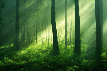 Green forest landscape with sunlight