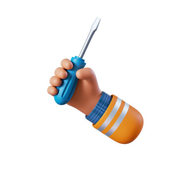 recommend clip art: 3d render, cartoon human hand holds screwdriver. Professional builder or constructor with building tool. Construction icon. Renovation service clip art isolated on transparent background