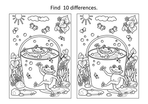 Difference game with playful frogs swimming in a bucket

