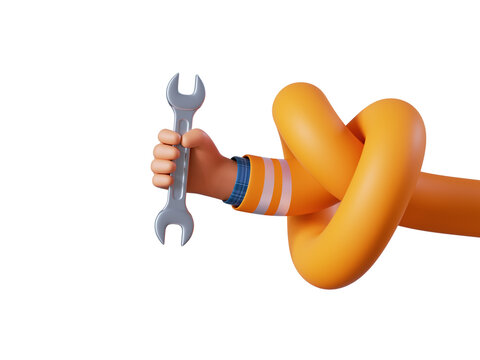 3d render flexible knotted cartoon human hand holds spanner wrench. Professional plumber or constructor with building tool. Repair or renovation service clip art isolated on transparent background